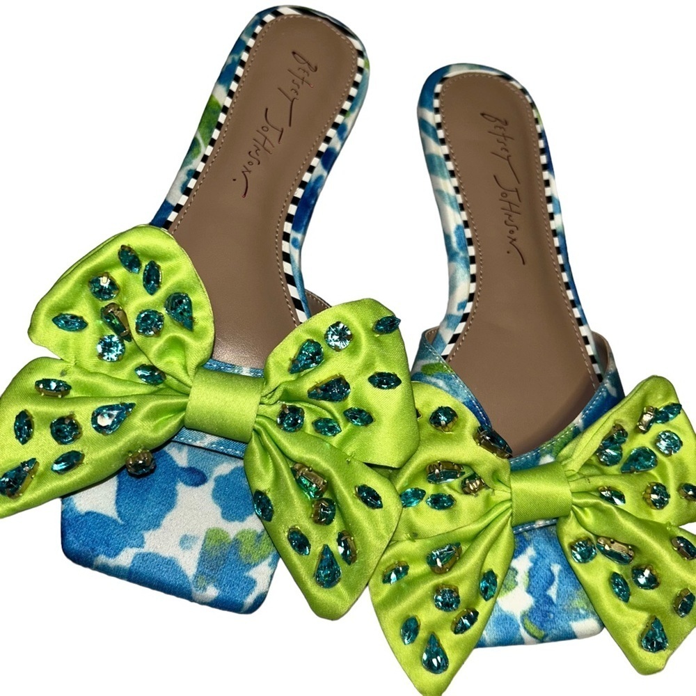 Betsey Johnson Daisyy R Women's bling bow flat Slide Sandals size 6.5 blue/lime